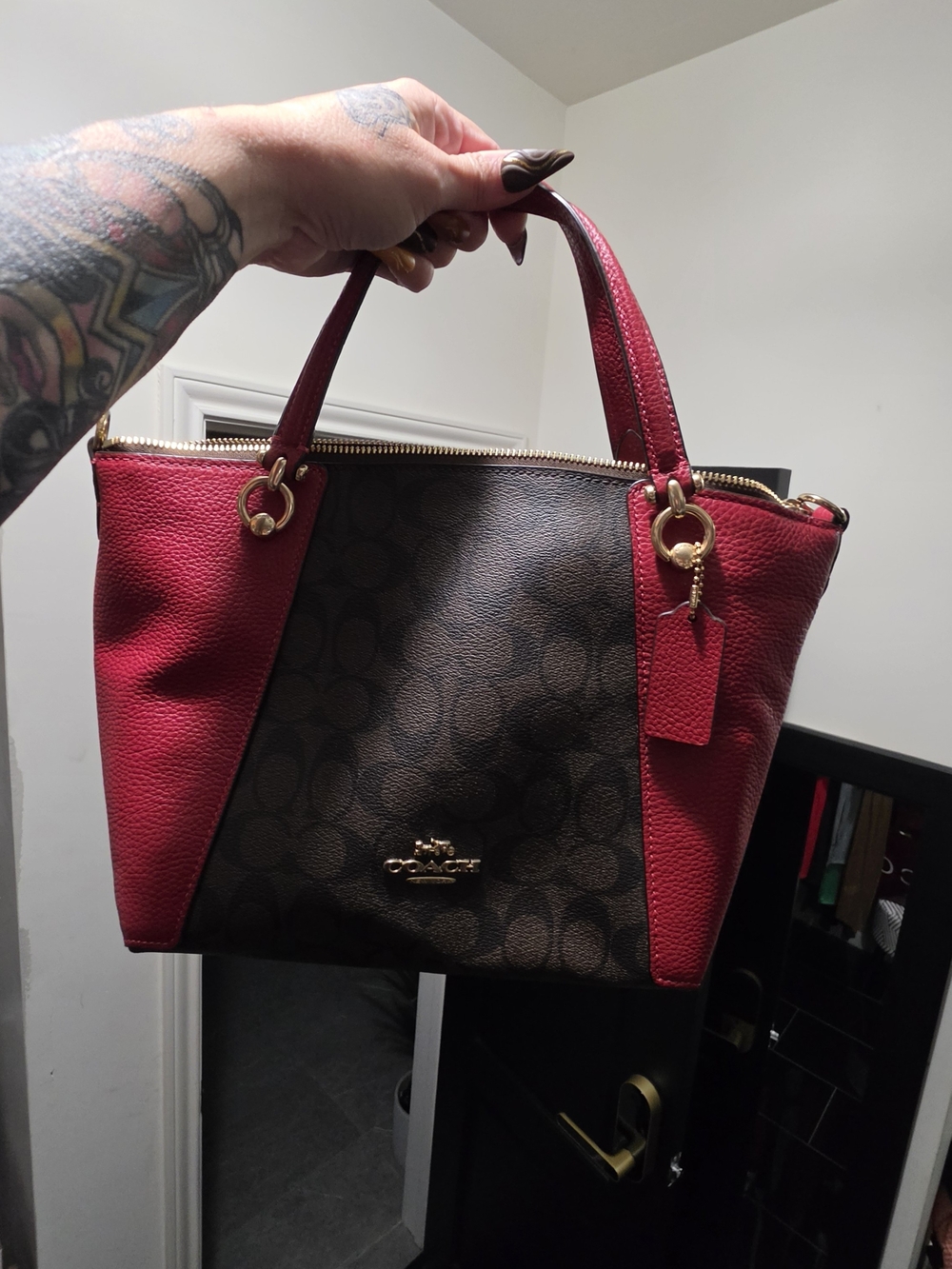 Coach Brown Signature Canvas Tote with Red Leather Trim